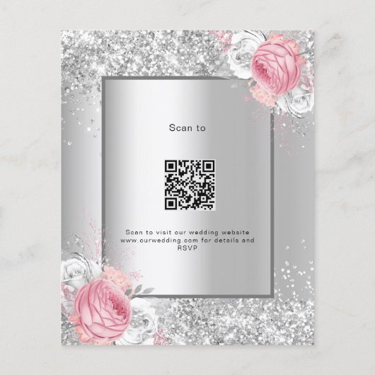 Silver pink floral QR Code UAWG Hochzeitseinladung (Rückseite)
