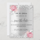 Silver pink florals wedding save the date (Vorderseite)