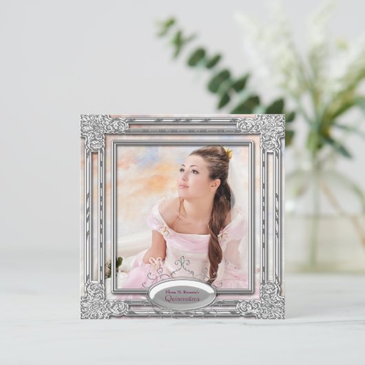 Silver Pink Foto Quinceanera Einladung (Stehend Vorderseite)