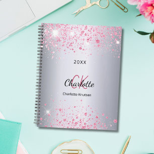 Silver pink glitter name monogram 2023 planer