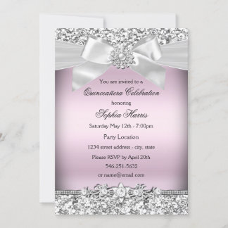 Silver Pink Glitzer & Jewel Bow Quinceanera Einladung