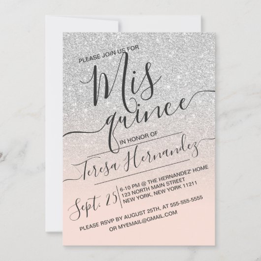 Silver Pink Imitats Funkelnd Glitzer Ombre Quincea Einladung (Vorderseite)