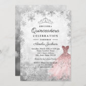 Silver Pink Kleid Schneeflocken Winter Quinceanera Einladung (Vorne/Hinten)