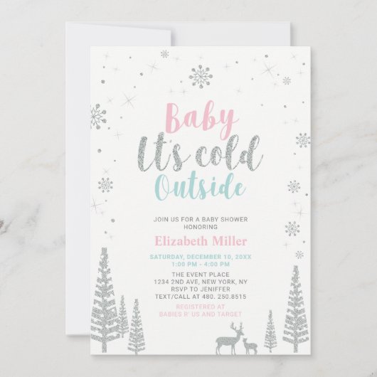 Silver, Pink & Mint Winter Wunderland Babydusche Einladung (Vorderseite)