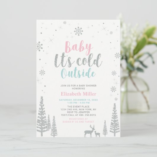Silver, Pink & Mint Winter Wunderland Babydusche Einladung (Stehend Vorderseite)
