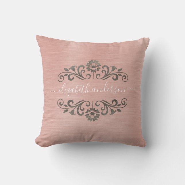 Silver Pink Monogram Name Script Throw Kissen (Vorderseite)