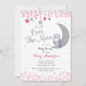 Silver Pink Owl Moon Babydusche Einladung (Vorderseite)