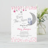 Silver Pink Owl Moon Babydusche Einladung (Stehend Vorderseite)