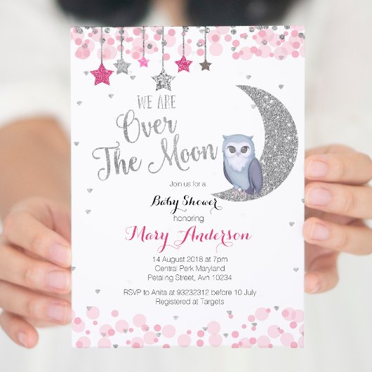 Silver Pink Owl Moon Babydusche Einladung