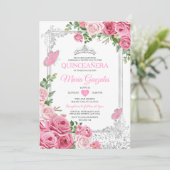 SIlver Pink Quinceañera Crown Butterfly 15 Anos Einladung (Stehend Vorderseite)