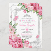 SIlver Pink Quinceañera Crown Butterfly 15 Anos Einladung (Vorne/Hinten)