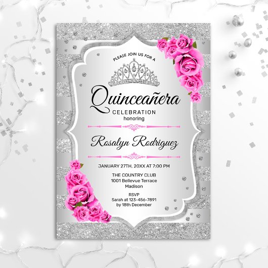 Silver Pink Quinceanera Einladung