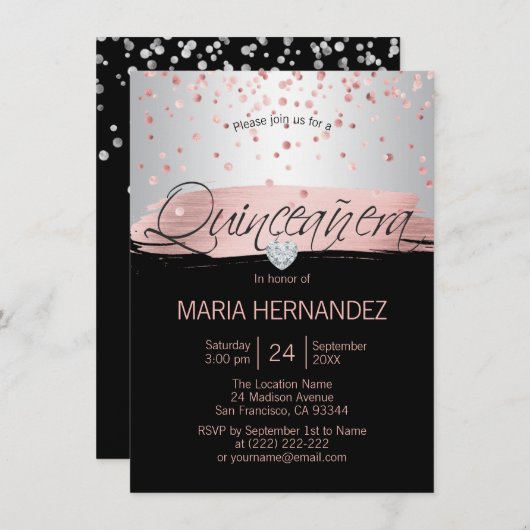 Silver Pink Rose Gold Foil Black QUINCEANERA 15 Einladung (Vorne/Hinten)