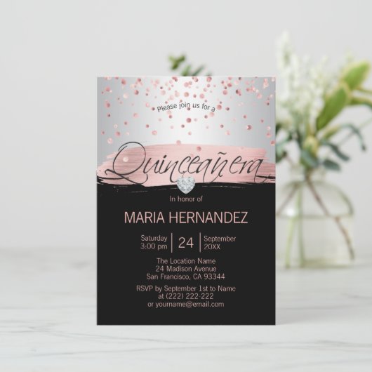Silver Pink Rose Gold Foil Black QUINCEANERA 15 Einladung (Stehend Vorderseite)