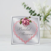 Silver Pink Rose Heart Brautparty Einladung (Stehend Vorderseite)