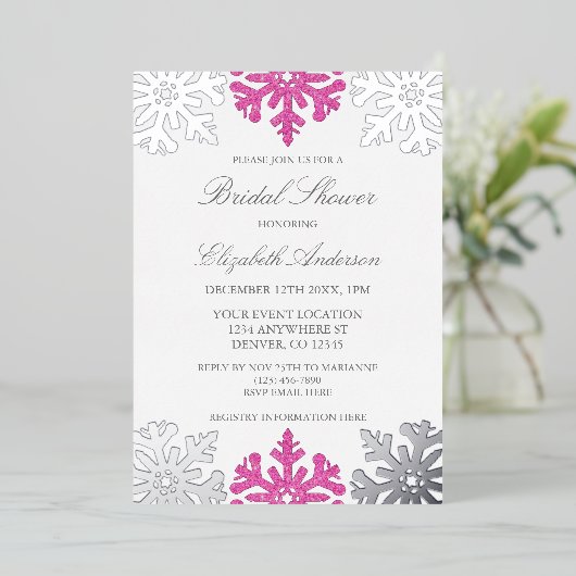 Silver Pink Snowflake Winter Brautparty Folieneinladung (Stehend vorne)