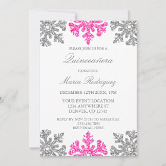Silver Pink Snowflake Winter Quinceanera Einladung