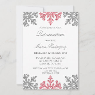 Silver Pink Snowflake Winter Quinceanera Einladung