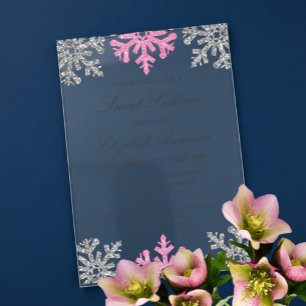 Silver Pink Snowflake Winter Sweet 16 Acryleinladungen