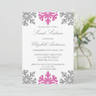 Silver Pink Snowflake Winter Sweet 16 Einladung
