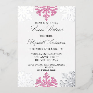 Silver Pink Snowflake Winter Sweet 16 Folieneinladung