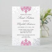 Silver Pink Snowflake Winter Sweet 16 Folieneinladung (Stehend vorne)