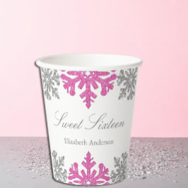 Silver Pink Snowflake Winter Sweet 16 Pappbecher