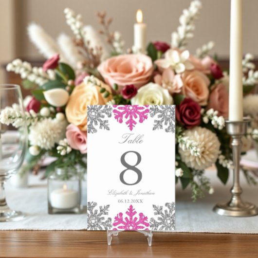 Silver Pink Snowflake Winterhochzeit Tischnummer