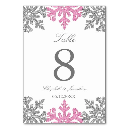 Silver Pink Snowflake Winterhochzeit Tischnummer (Vorderseite)