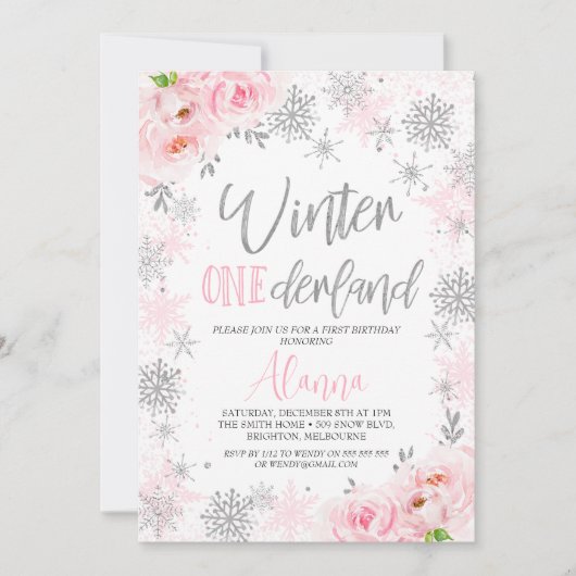 Silver Pink Snowflakes Winter Onederland Geburtsta Einladung (Vorderseite)