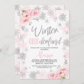 Silver Pink Snowflakes Winter Onederland Geburtsta Einladung (Vorne/Hinten)