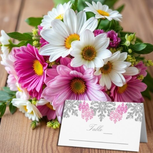 Silver Pink Snowflakes Winterhochzeit Platzkarte