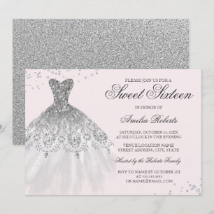 Silver Pink Sparkle Dress 16 . Geburtstag Einladun Einladung