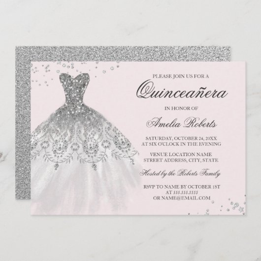 Silver Pink Sparkle Dress Quinceanera Einladung (Vorne/Hinten)