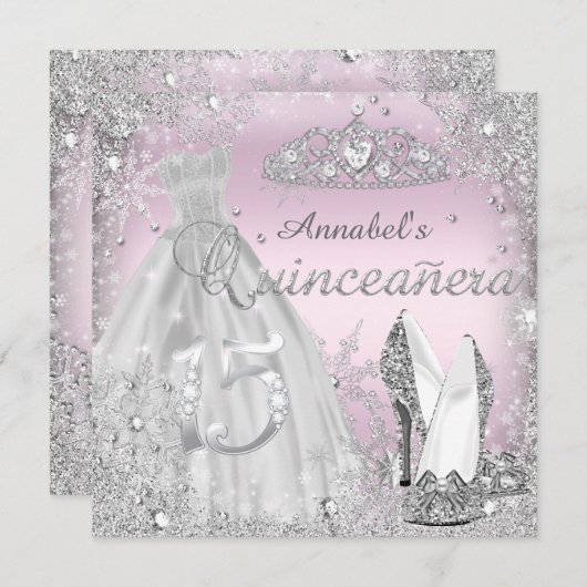 Silver Pink Sparkle Dress Tiara Quinceanera Einladung (Vorne/Hinten)