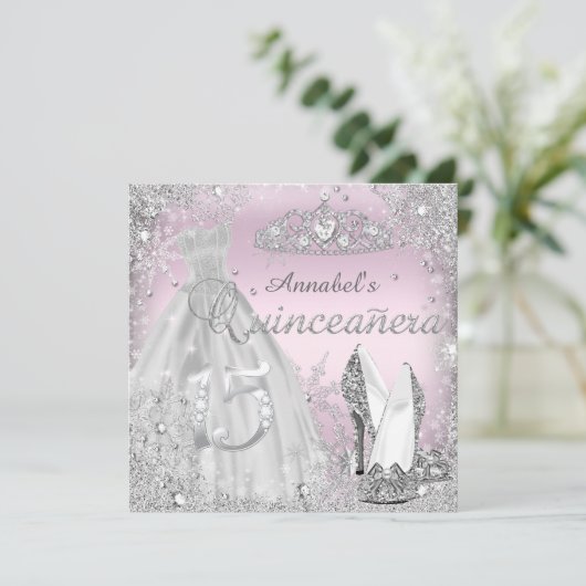 Silver Pink Sparkle Dress Tiara Quinceanera Einladung (Stehend Vorderseite)