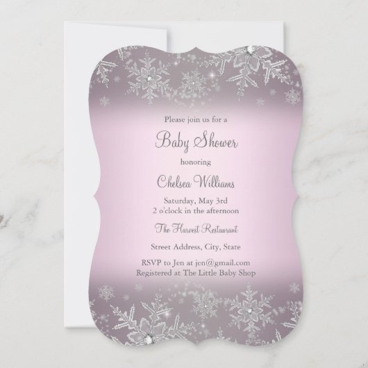 Silver Pink Sparkle Snowflake Baby Dusche laden Einladung (Rückseite)