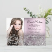 Silver Pink Sparkle Snowflake Foto Sweet 16 Einladung (Stehend Vorderseite)