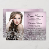 Silver Pink Sparkle Snowflake Foto Sweet 16 Einladung (Vorne/Hinten)