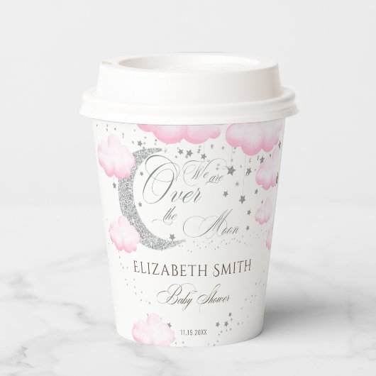 Silver Pink über der Mond Girl Babydusche Pappbecher (Rückseite)