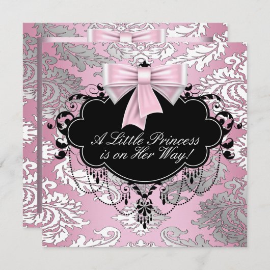 Silver Pink und Black Princess Baby Girl Dusche Einladung (Vorne/Hinten)