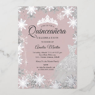 Silver Pink Winter Snowflake Quinceanera Folieneinladung