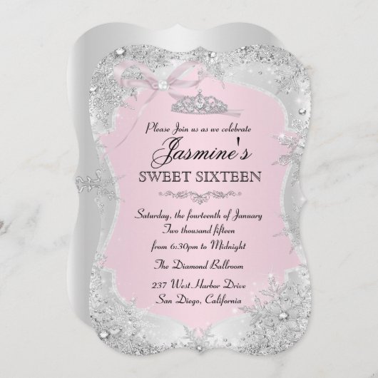 Silver Pink Winter Snowflake Sweet 16 Einladung (Vorne/Hinten)