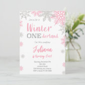 Silver Pink Winter Wonderland 1. Geburtstag Einlad Einladung (Stehend Vorderseite)