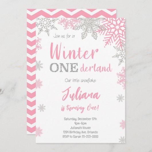 Silver Pink Winter Wonderland 1. Geburtstag Einlad Einladung (Vorne/Hinten)