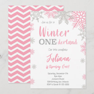 Silver Pink Winter Wonderland 1. Geburtstag Einlad Einladung