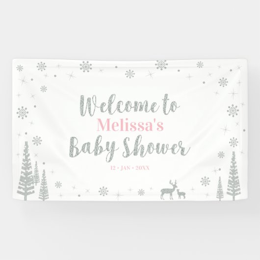 Silver Pink Winter Wonderland Baby Dusche Willkomm Banner (Horizontal)