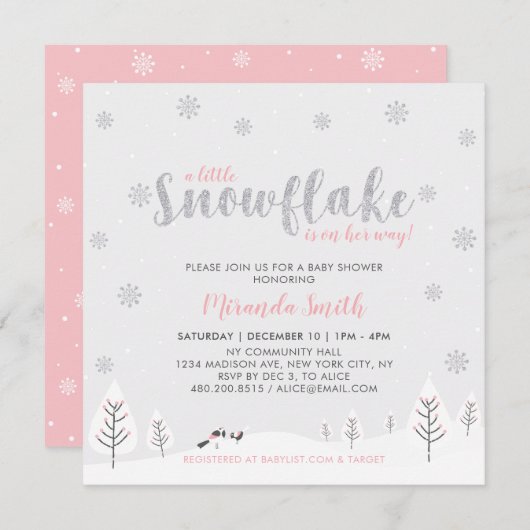Silver & Pink Winter Wonderland Girl Babydusche Einladung (Vorne/Hinten)