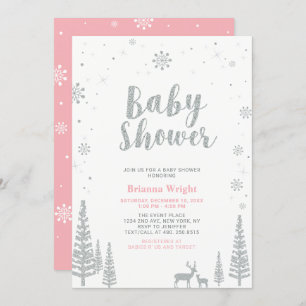 Silver & Pink Winter Wonderland Girl Babydusche Einladung
