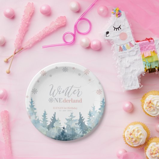 Silver & Pink Winter Wonderland Schnee 1. Geburtst Pappteller (Party)